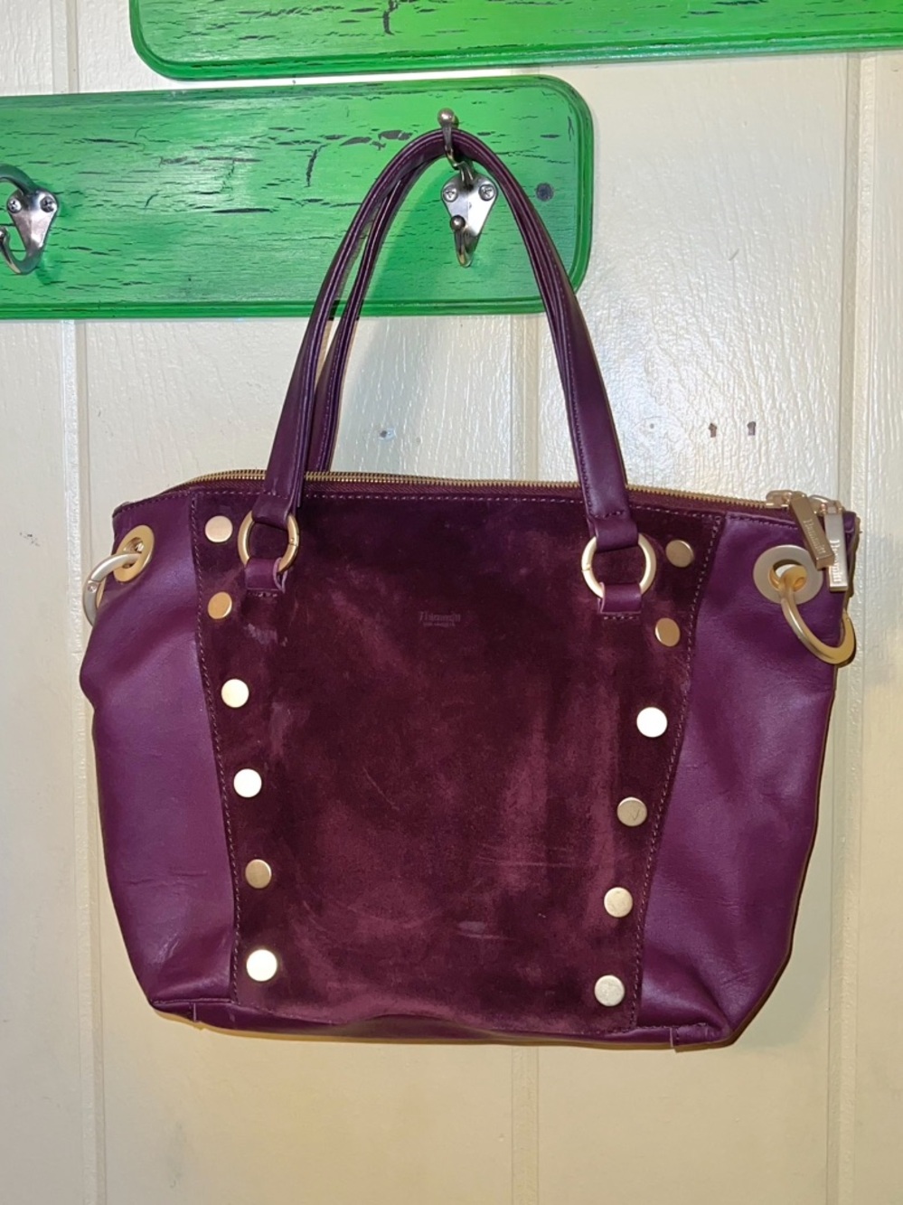 Hammitt Daniel Medium Satchel Bag Cherrywood Leather Suede Panel Brushed Gold